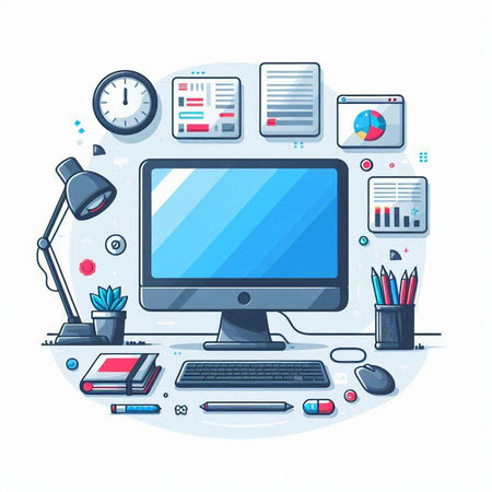 Vector illustration of modern workplace with computer, supplies and other objects on white background.のイラスト素材