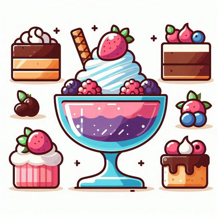 Set of ice cream desserts in a bowl. Vector illustration in cartoon style.のイラスト素材