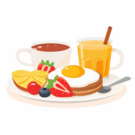 Breakfast with fried eggs, pancakes, coffee and fruits. Vector illustration.のイラスト素材