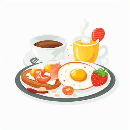 Breakfast with coffee, fried eggs, bacon and jam. Vector illustration.のイラスト素材