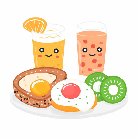 Breakfast. Toast, egg, juice and kiwi. Vector illustrationのイラスト素材