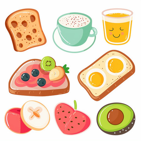 Set of funny breakfast icons. Vector illustration in a flat style.のイラスト素材