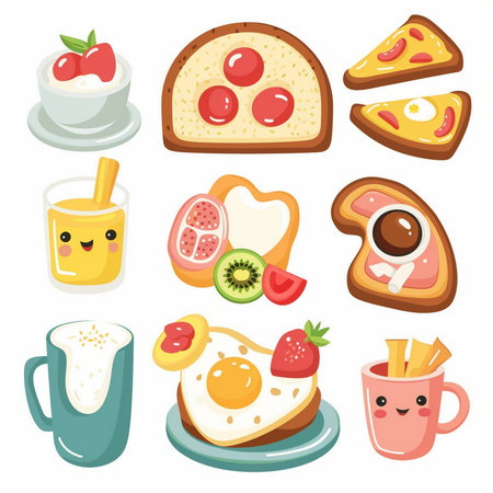 Breakfast vector icons set. Toast, coffee, cheese, juice, strawberry, banana, strawberry, kiwiのイラスト素材