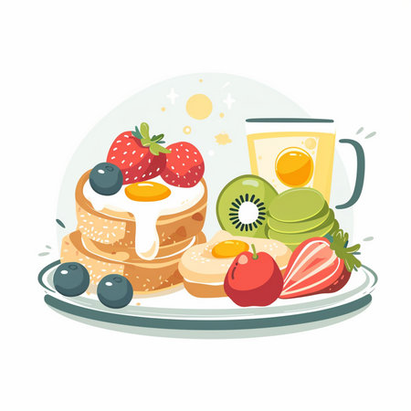Vector illustration of breakfast set. Pancakes, eggs, berries, fruits, coffee.のイラスト素材