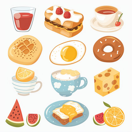 Breakfast icons set. Cartoon illustration of 25 breakfast icons for webのイラスト素材