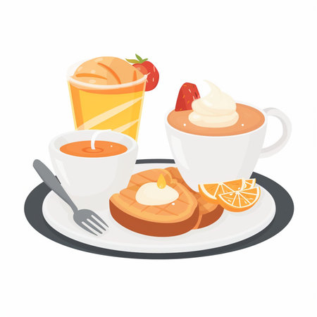 Breakfast with coffee, toast, ice cream and fruit. Vector illustrationのイラスト素材