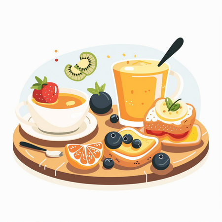 Healthy breakfast with orange juice, croissant and fruits. Vector illustration.のイラスト素材