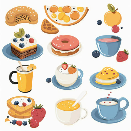 Vector illustration of a set of different types of breakfast. A cup of coffee, pancakes, croissant, buns, oatmeal, fruit, berries, jam, jam.のイラスト素材