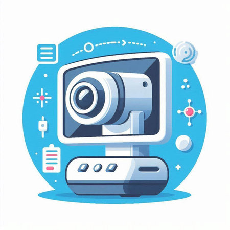 Vector illustration of a video camera on a blue background with icons.のイラスト素材