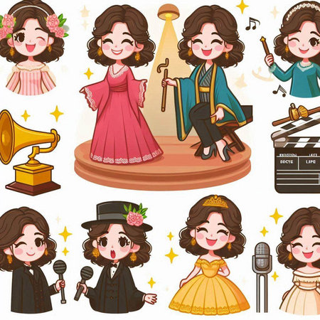 cartoon girl singing and singing in a set of different situations.のイラスト素材