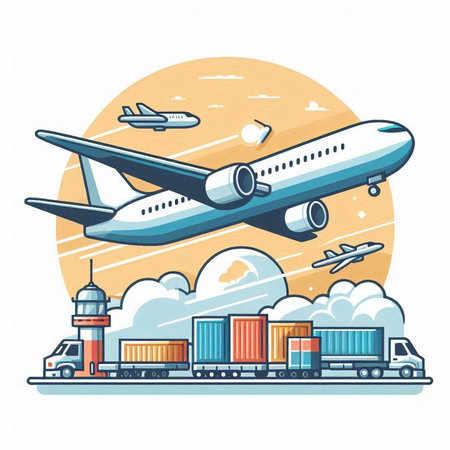 Airplane and cargo transportation. Freight transportation. Vector illustration.のイラスト素材