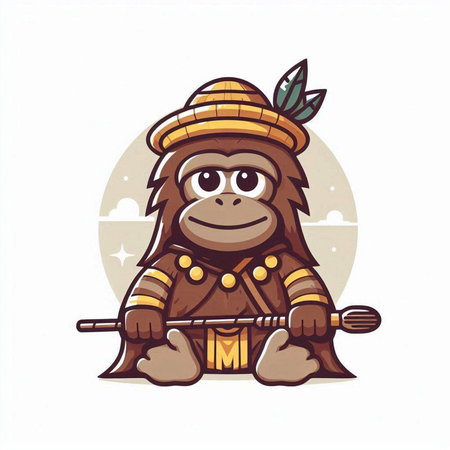 Gorilla in a hat with a spear. Vector illustration.のイラスト素材
