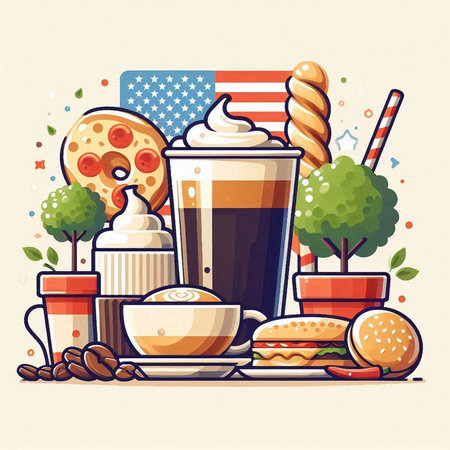 Coffee break. Vector illustration in flat style with american flag and fast food.のイラスト素材