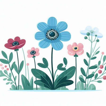 Flower background with blue flowers and green leaves. Vector illustration.のイラスト素材