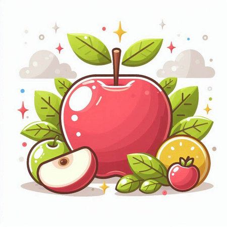Red apple with green leaves on a white background. Vector illustration.のイラスト素材