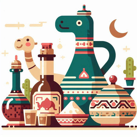 Vector illustration of traditional mexican talavera with tequila, cactus and snakeのイラスト素材