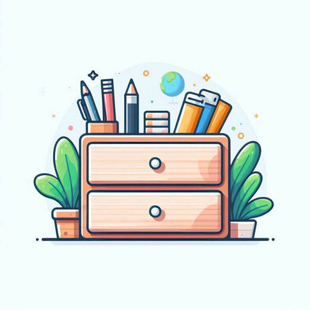 Wooden drawer with school supplies. Vector illustration in flat style.のイラスト素材