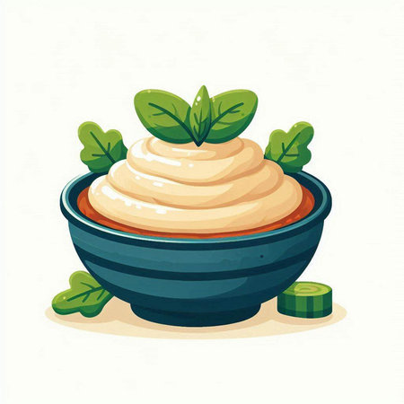 Bowl of hummus with fresh basil leaves. Vector illustration.のイラスト素材