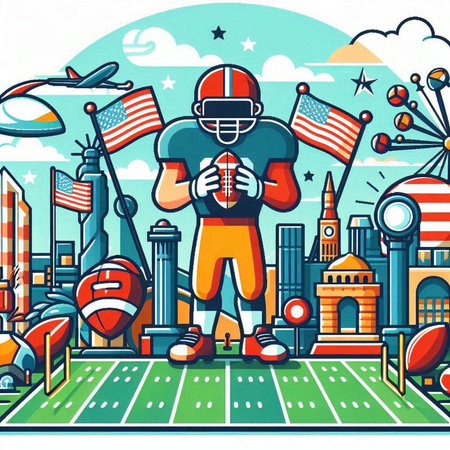 American football player on stadium with american flag. Vector illustration.のイラスト素材