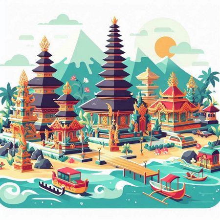 Thai temple on tropical island. Vector illustration in flat style.のイラスト素材