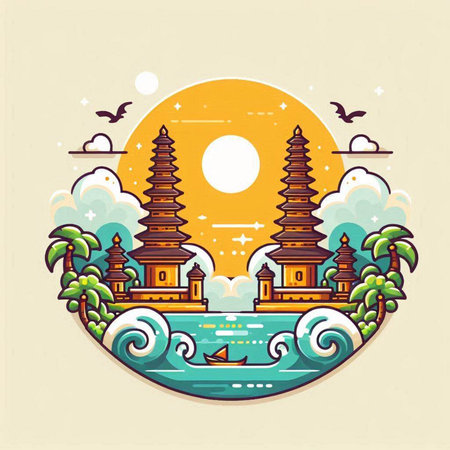 Thai temple on the sea in flat style. Vector illustration.のイラスト素材