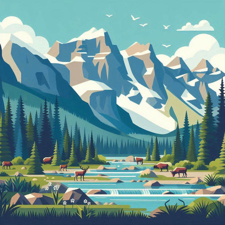 Beautiful landscape with mountains, river and cows. Vector illustration.のイラスト素材