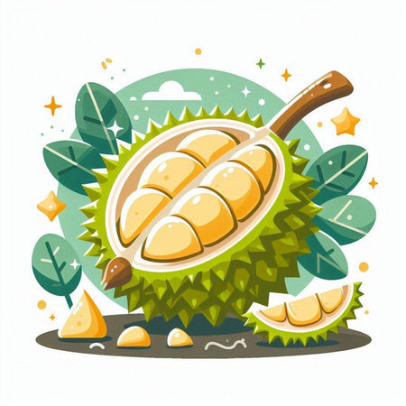 Fresh durian fruit with leaves isolated on white background. Vector illustration.のイラスト素材