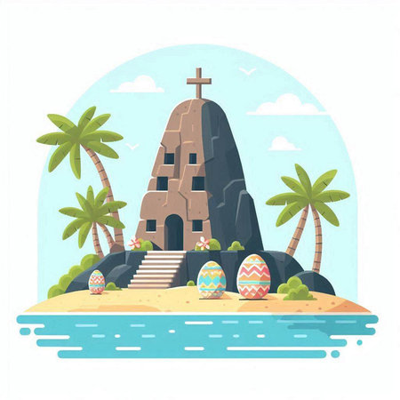 Illustration of a Christian Church on the beach with palm trees and eggsのイラスト素材