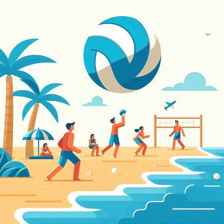 Volleyball game on the beach. Vector illustration in flat styleのイラスト素材