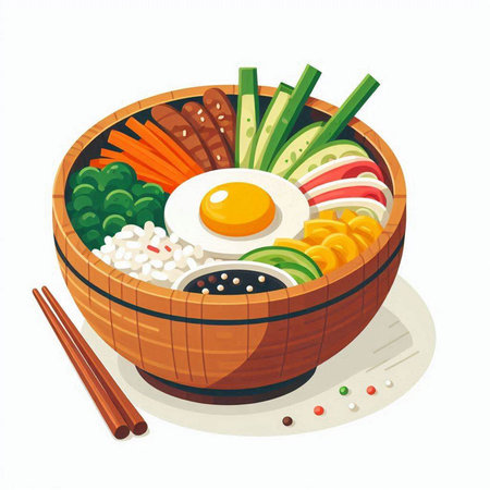 Bowl with rice, egg, vegetables and chopsticks. Vector illustration.のイラスト素材