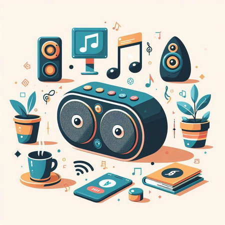 Vector illustration of a flat design concept of music, sound and technology.のイラスト素材