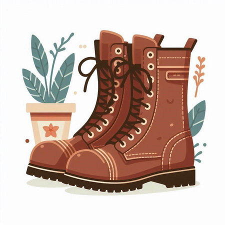Hand drawn vector illustration of a pair of boots and flowerpot.のイラスト素材