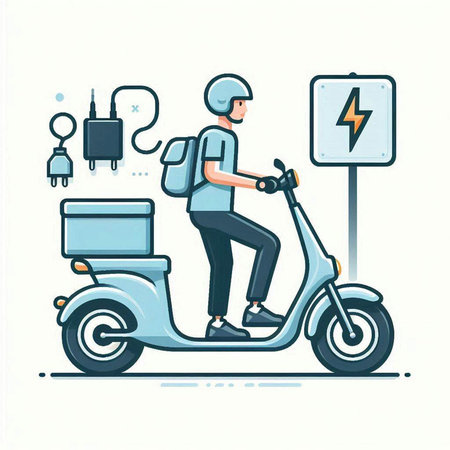 Delivery man rides a scooter on a white background. Vector illustration.のイラスト素材