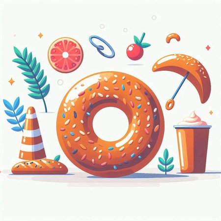 Donut with ice cream and fruits. Vector illustration in flat styleのイラスト素材