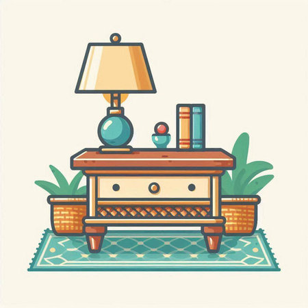 Illustration of a nightstand with a lamp, books and a plantのイラスト素材