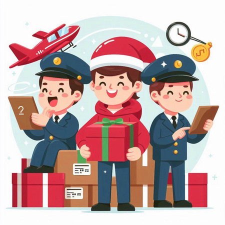 Postman and postman with a box of gifts. Vector illustrationのイラスト素材