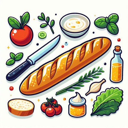 French baguette with tomato, basil, cheese, olive oil, parsley, onion, garlic, olive oil. Vector illustrationのイラスト素材