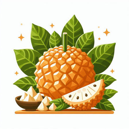 Exotic tropical fruit, whole and cut, with leaves. Vector illustration.のイラスト素材