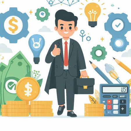 Businessman with money and idea icons. Vector illustration in cartoon styleのイラスト素材