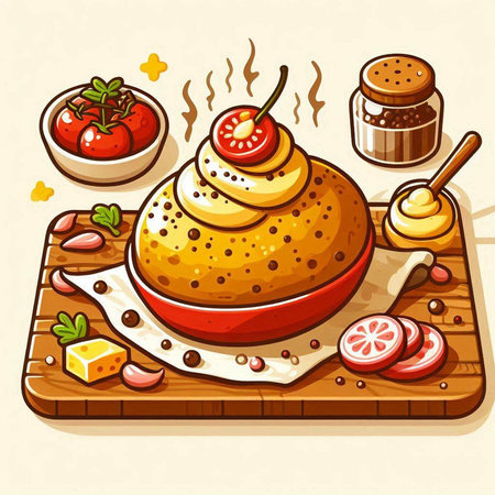 Illustration of a Steamed Egg with Tomato Sauce on a Cutting Boardのイラスト素材