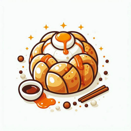 Cinnamon roll with honey and cinnamon sticks on white background. Vector illustration.のイラスト素材