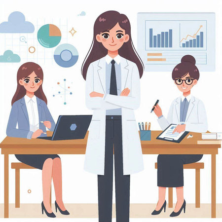 Vector illustration of a young female scientist in white coat working at the laboratory.のイラスト素材