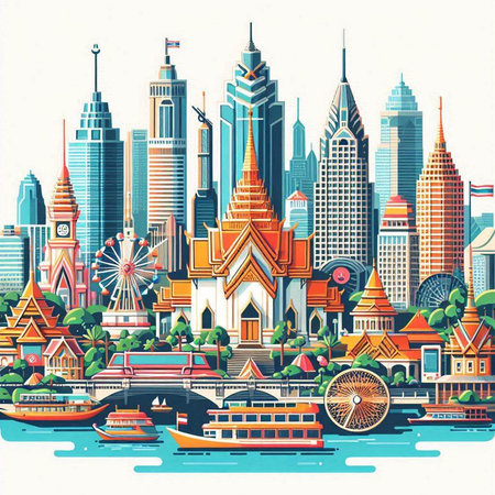 Bangkok, Thailand city skyline with famous landmarks. Vector illustration.のイラスト素材