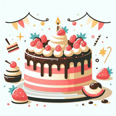 Birthday cake with strawberry and cherry on top. Vector illustration.のイラスト素材