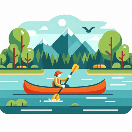 Kayaking on the river. Vector illustration in flat design style.のイラスト素材