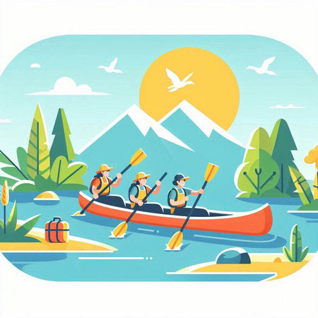 Kayaking on the lake in the mountains. Flat vector illustration.のイラスト素材