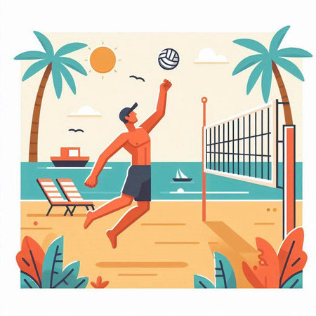 Beach volleyball player in action vector illustration. Summer sport activity.のイラスト素材