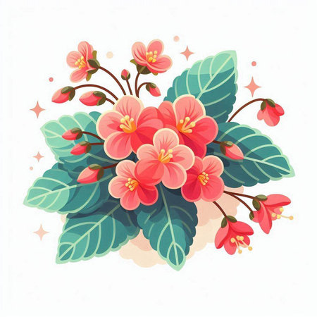 Beautiful blooming pink violets with green leaves. Vector illustrationのイラスト素材