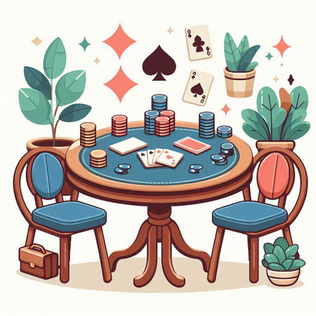 Vector illustration of a casino table with playing cards, chips and chairs.のイラスト素材