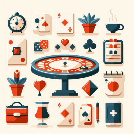 Casino flat icons set with roulette, playing cards, coffee cup and other elements isolated vector illustrationのイラスト素材